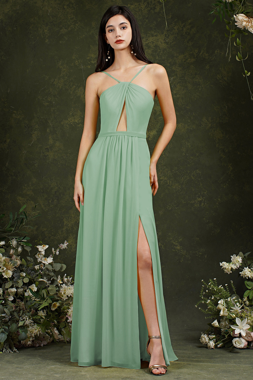 Halter Long Bridesmaid Dress Chiffon Sleeveless Side Split Wedding Party Dress-newarrivaldress