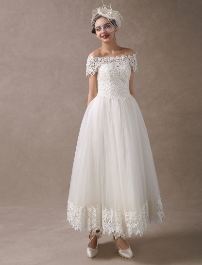 Vintage Wedding Dresses 1950S Off The Shoulder Ivory Lace Short Sleeve Ankle Length Bridal Dress Exclusive-newarrivaldress