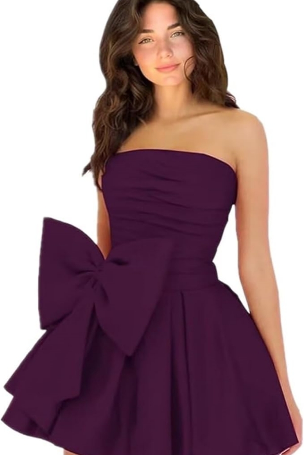 Simple Strapless Ruffle Satin Short Homecoming Dress Sleeveless Mini Party Dress with Bow-newarrivaldress