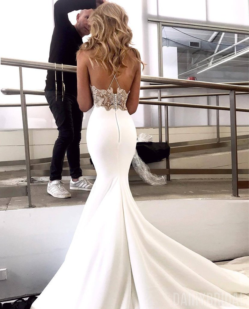 New Arrival Spaghetti Straps Open Back Appliques Sexy Mermaid Wedding Dresses-newarrivaldress