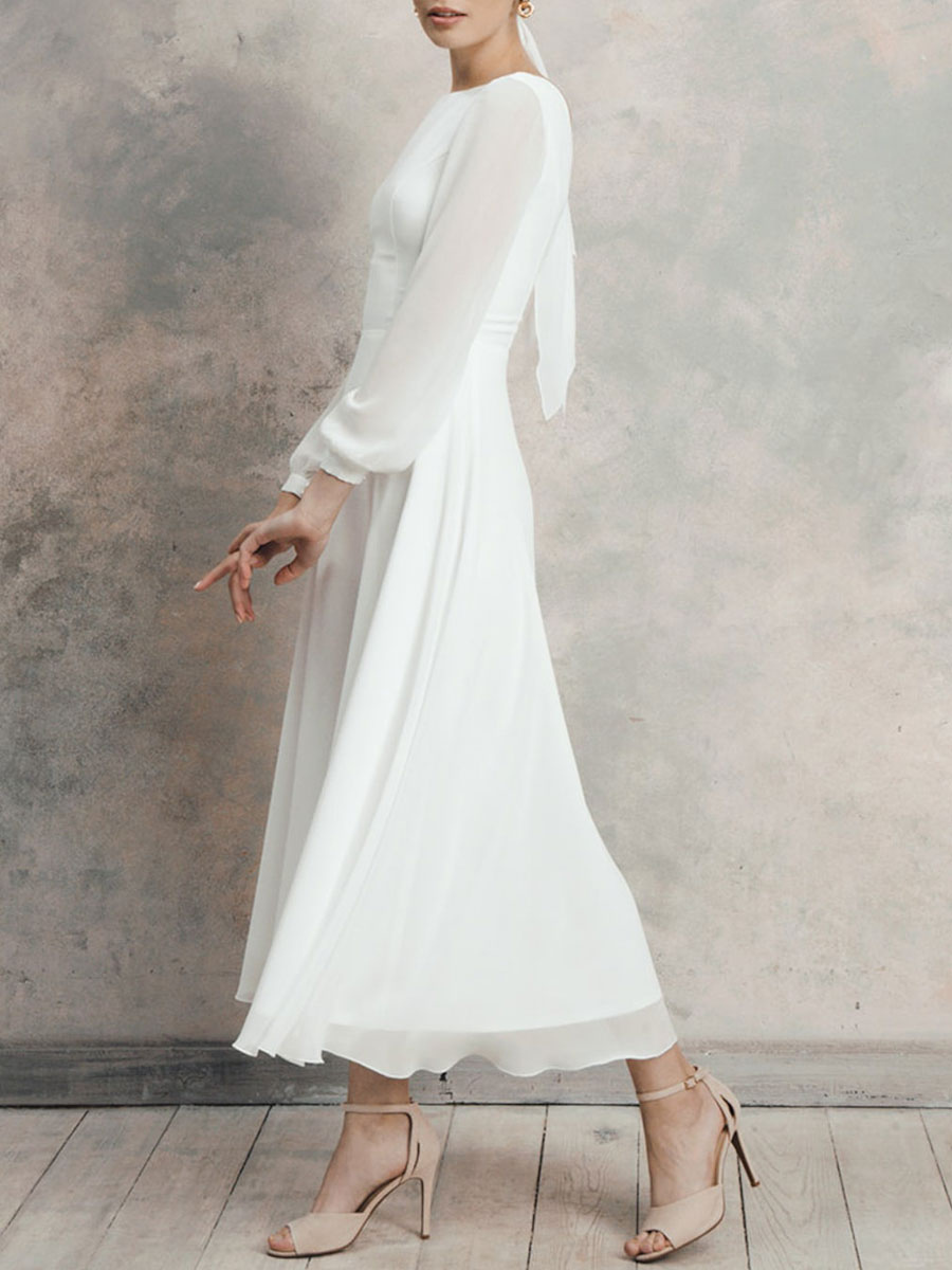 White A-Line Simple Wedding Dress Jewel Neck Long Sleeves Ankle-Length Zipper Chiffon Bridal Gowns-newarrivaldress