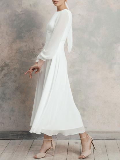 White A-Line Simple Wedding Dress Jewel Neck Long Sleeves Ankle-Length Zipper Chiffon Bridal Gowns-newarrivaldress
