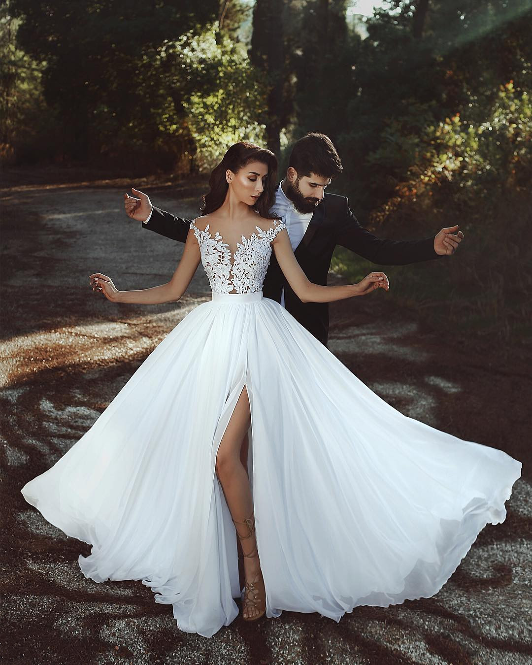 Lace Appliques Chiffon Wedding Dresses Sexy | Front Slit sheer Bride Dress-newarrivaldress