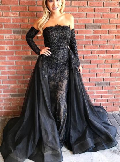 Over-Skirt Black Strapless Gorgeous Sheath Embroideries Prom Dresses-newarrivaldress