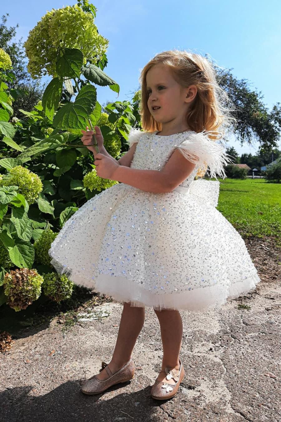 Glitter Sequined Flower Girl Dress Cap Sleeves White Girls Birthday Party Dress with Bow-newarrivaldress