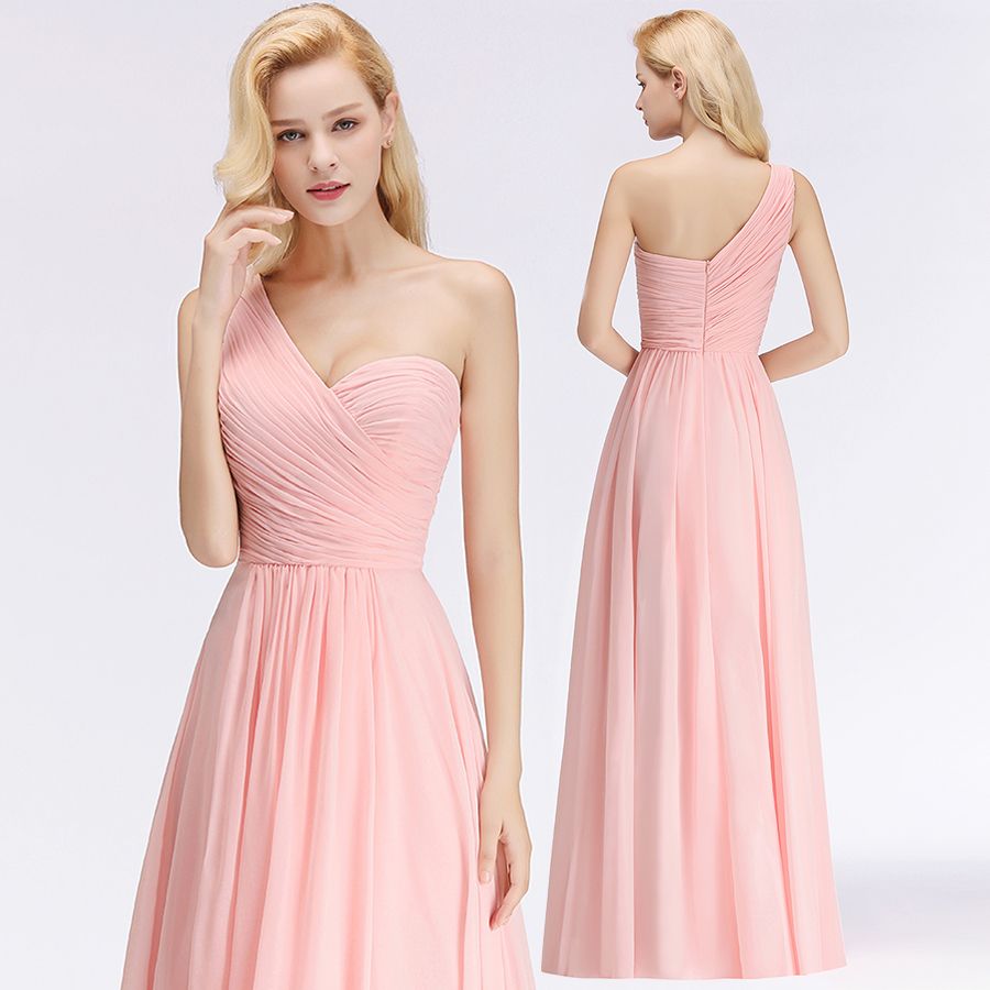 Pink One-Shoulder Modest Sleeveless Ruffled Zipper Floor-length Bridesmaid Dress-newarrivaldress
