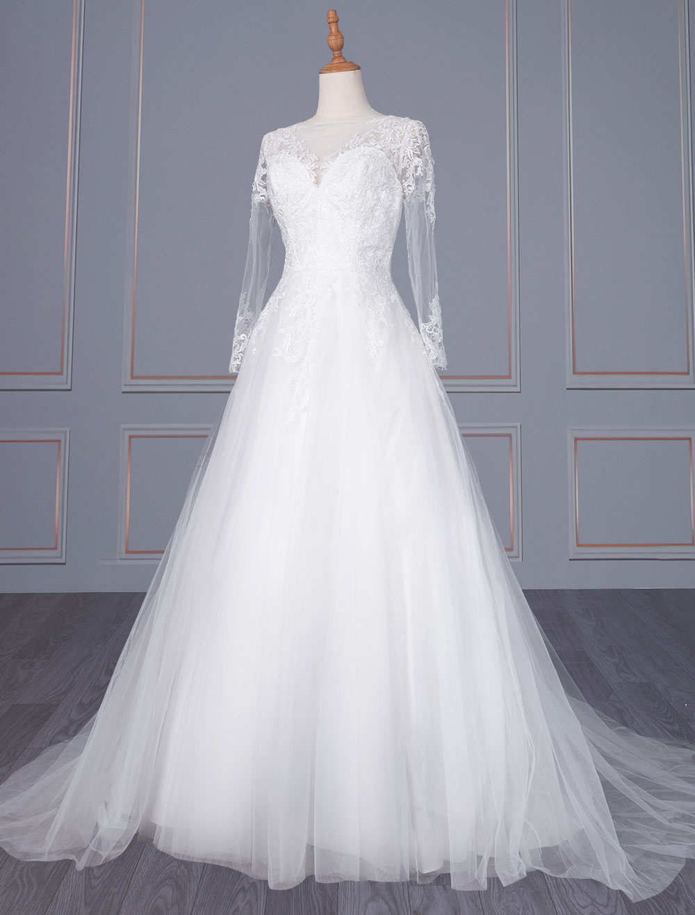 A Line V Neck White Simple Wedding Dress Long Sleeves Lace Tull Bridal Dresses-newarrivaldress