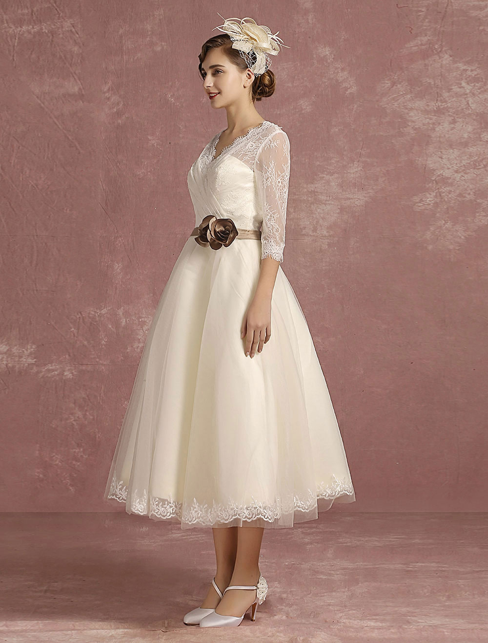 Vintage Wedding Dress Short Lace Tulle Bridal Dress Half Sleeve V Neck Backless A Line Flower Sash Tea Length Bridal Gown Exclusive-newarrivaldress