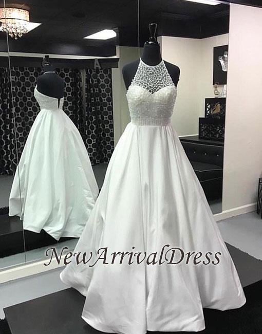 Sleeveless White Halter Open Back Beads Evening Dresses-newarrivaldress