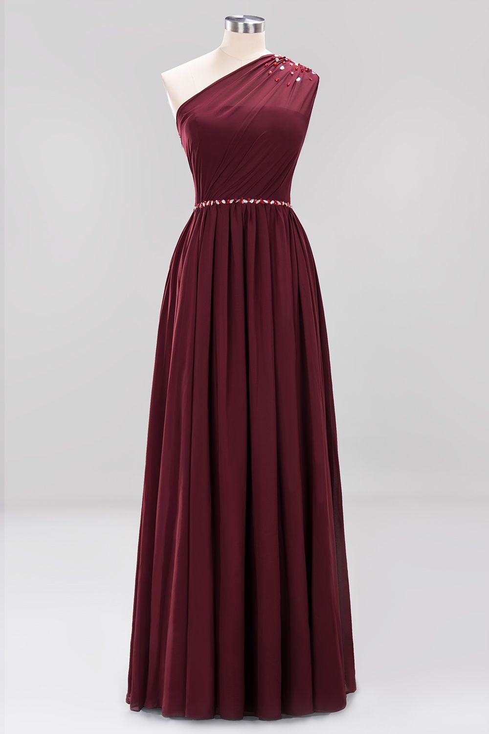 Elegant A-Line Burgundy Chiffon One-Shoulder Sleeveless Ruffles Floor-Length Bridesmaid Dresses with Beadings-newarrivaldress