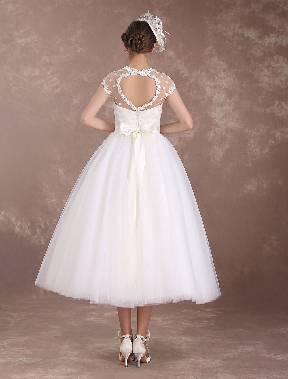 Short Wedding Dresses Vintage 1950'S Bridal Dress Open Back Polka Dot Ivory A Line Tea Length Wedding Reception Dress Exclusive-newarrivaldress