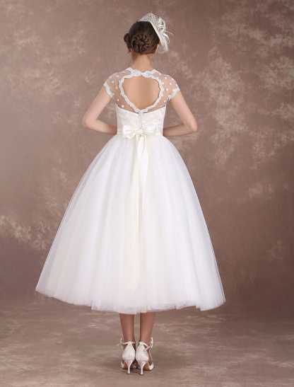Short Wedding Dresses Vintage 1950'S Bridal Dress Open Back Polka Dot Ivory A Line Tea Length Wedding Reception Dress Exclusive-newarrivaldress