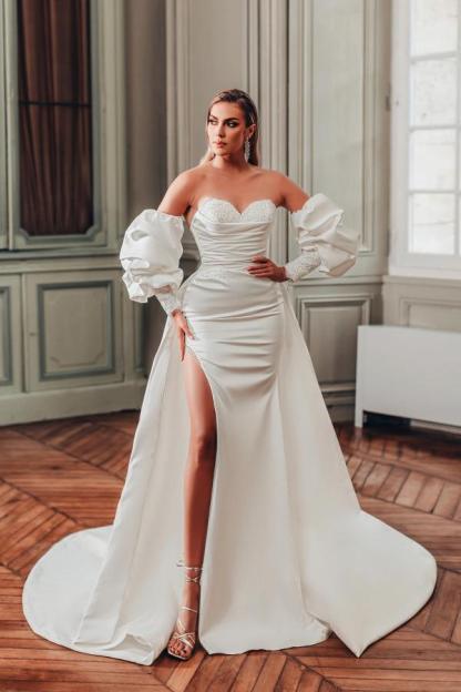 Gorgeous Satin Puffy Sleeves Satin Long Mermaid Wedding Dress Strapless Sweetheart Side Split Bridal Dress-newarrivaldress