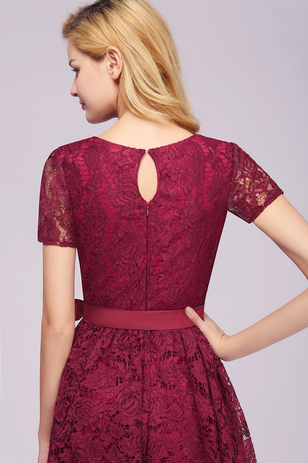 Burgundy Short Sleeves Flower Lace V-neck Dresses with Sash-newarrivaldress