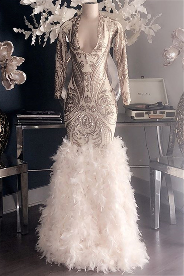 Glamorous Appliques Fur V-Neck Long Sleeve Mermaid Long Prom Dresses-newarrivaldress