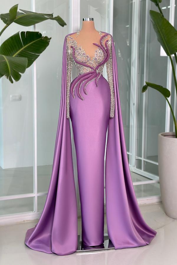Gorgeous Liliac Satin Long Prom Dress with Sleeves Glitter Beadings Mermaid Evening Dress-newarrivaldress