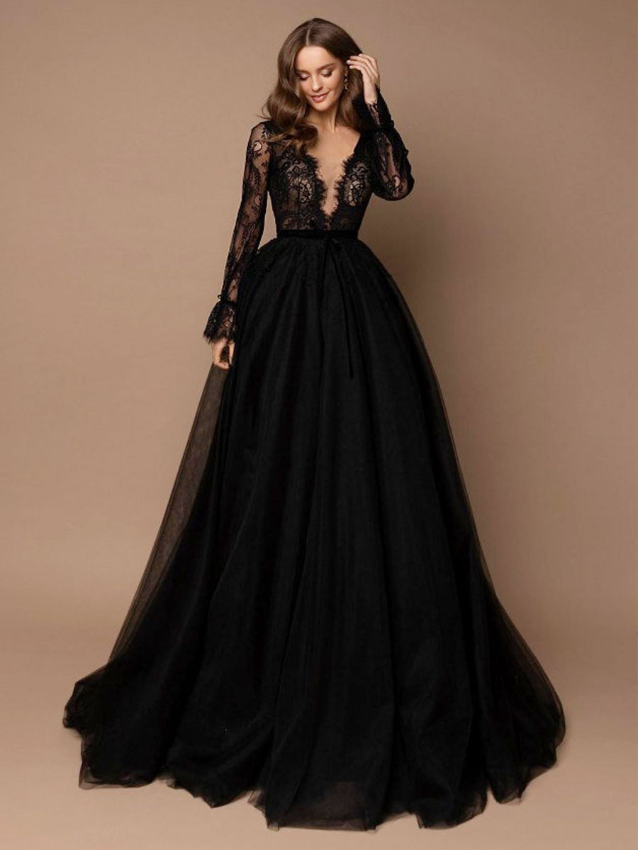 Black Wedding Dress With Train A-Line V-Neck Long Sleeves Lace Sweep Tulle Lace Bridal Gowns-newarrivaldress