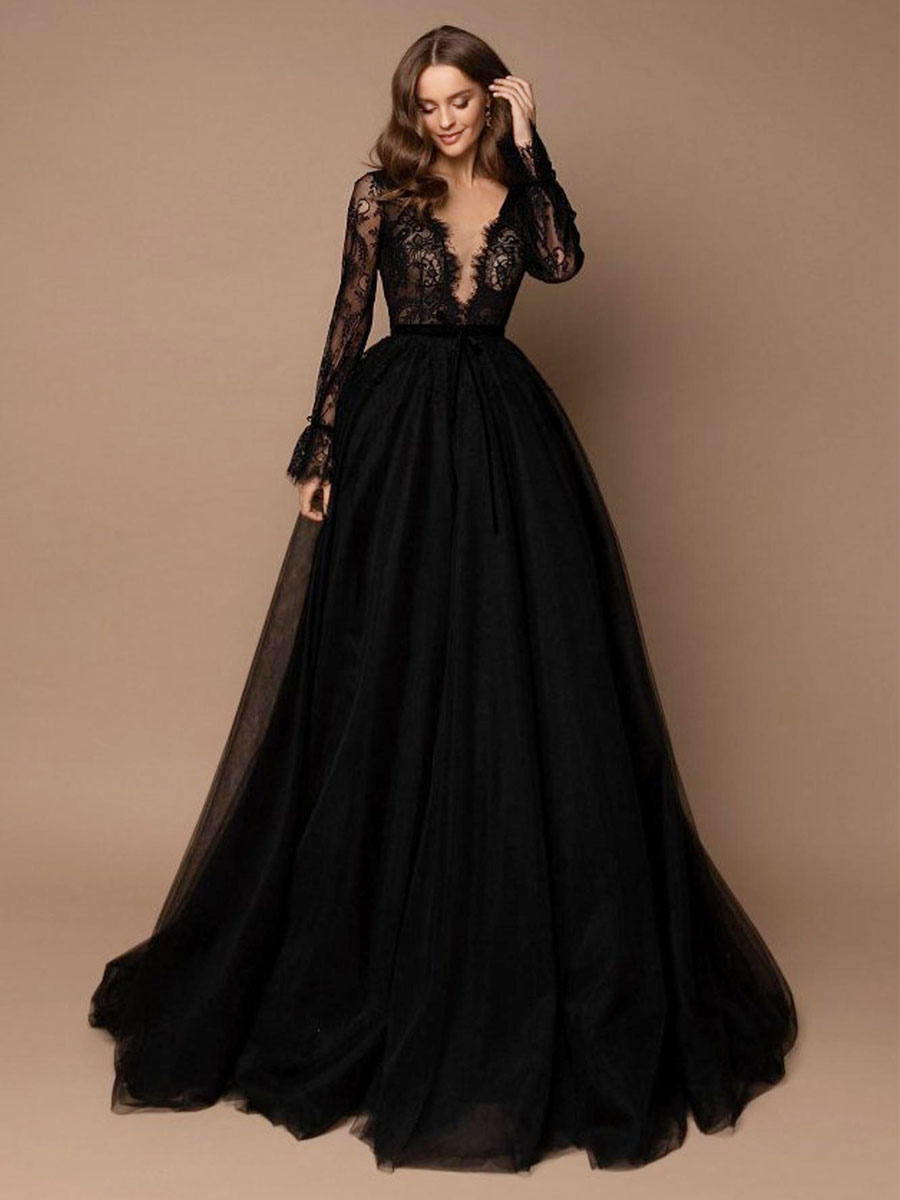 Black Wedding Dress With Train A-Line V-Neck Long Sleeves Lace Sweep Tulle Lace Bridal Gowns-newarrivaldress