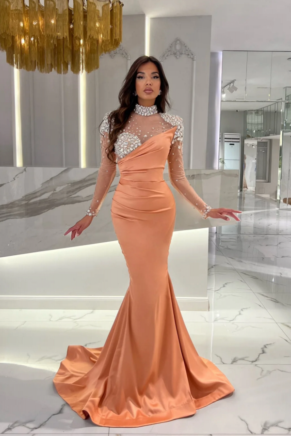 Chic Orange Ruched Satin High Neck Sparkly Sequins Evening Dresses with Long Sleeves-newarrivaldress