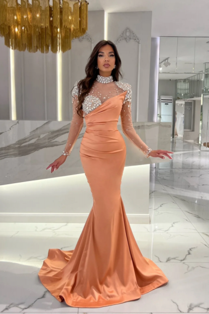 Chic Orange Ruched Satin High Neck Sparkly Sequins Evening Dresses with Long Sleeves-newarrivaldress