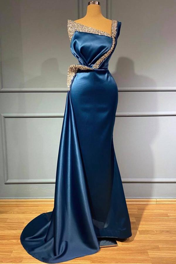 Elegant One Shoulder Silk Satin Long Evening Prom Dress with Side Sweep Train-newarrivaldress