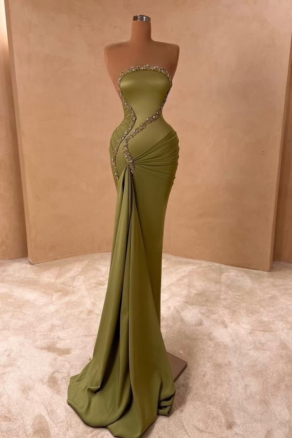 Charming Strapless Ruched Satin Evening Gown Crystals Bodycon Prom Dress Long-newarrivaldress