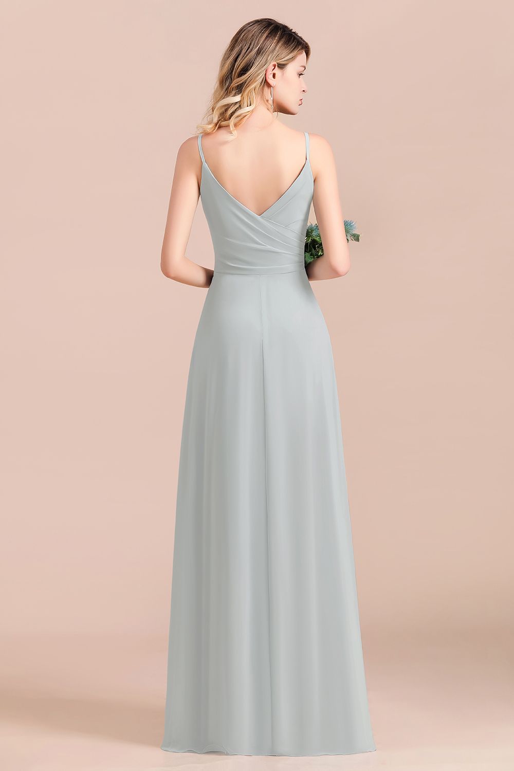 Spaghetti Straps Sweetheart Silver Bridesmaid Dresses Long Chiffon Wedding Guest Dress-newarrivaldress