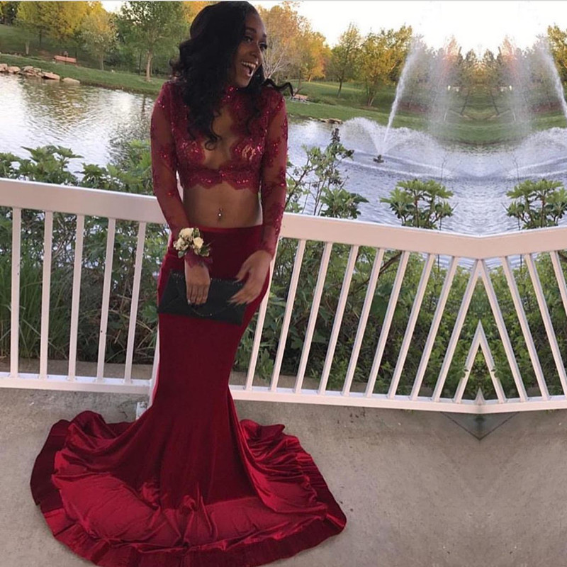Sexy Two Pieces BurgundyProm Dress Long Sleeve With Lace Appliques Mermaid BA7708-newarrivaldress