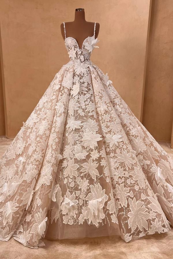 Amazing Sleeveless A-line Wedding Dress with Spaghetti Straps Floral Lace Ball Gown-newarrivaldress