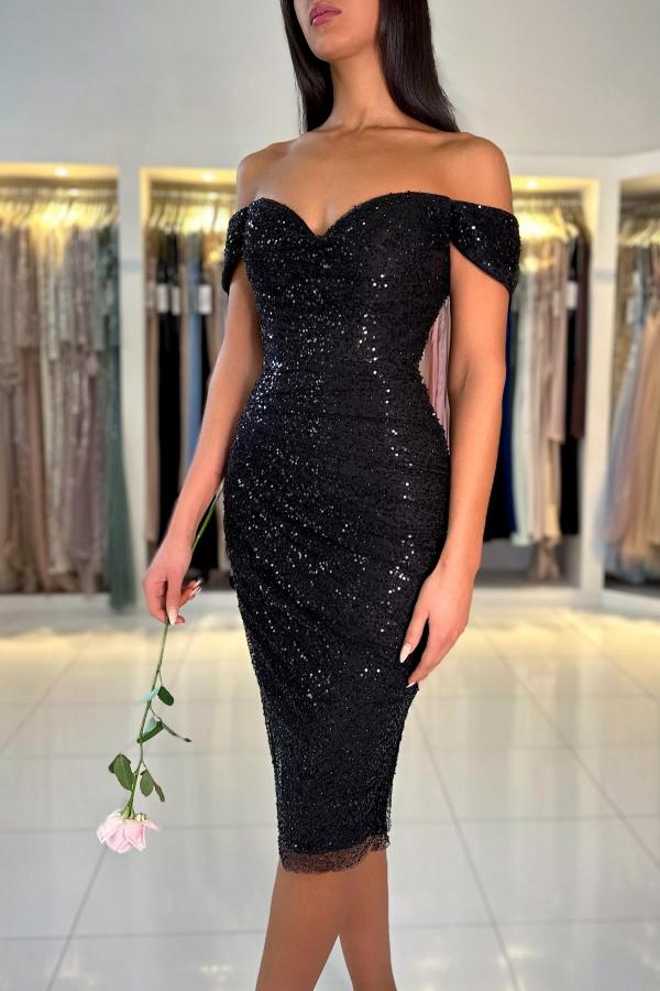 Off-the-Shoulder Sequins Black Short Party Dress Knee-Length Prom Dress-newarrivaldress