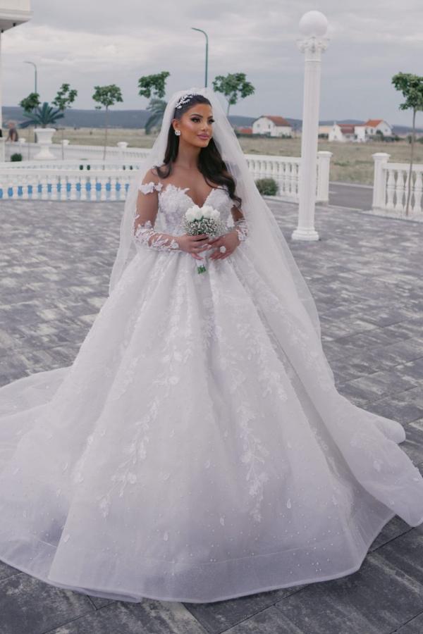 Gorgeous White Sweetheart Lace Aline Wedding Dresses with Long Sleeves-newarrivaldress