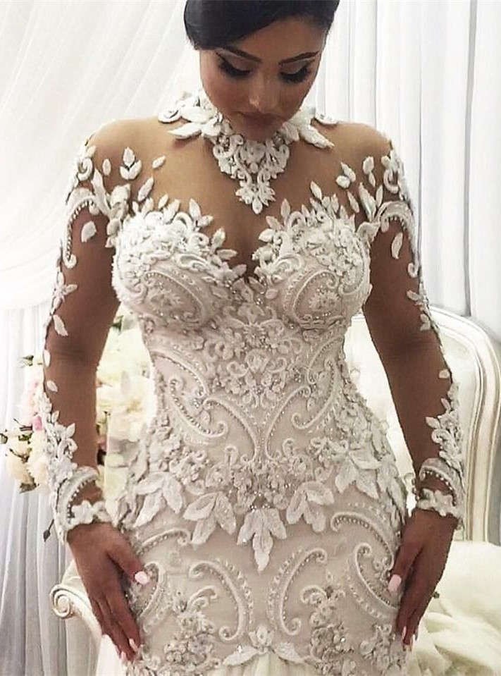 Sexy Mermaid Lace Wedding Dresses | Gorgeous Long Sleeve High-Neck Bridal Gown-newarrivaldress