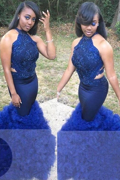 Royal Blue Halter Sleeveless Prom Gown | Sexy Flower Appliques Mermaid Evening Dress-newarrivaldress