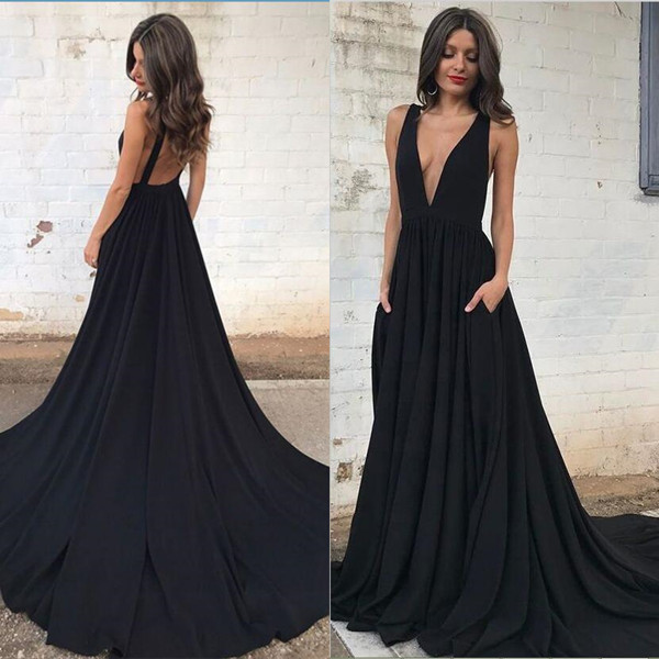 Backless Sexy Straps Black A-line Sleeveless V-neck Prom Dress-newarrivaldress