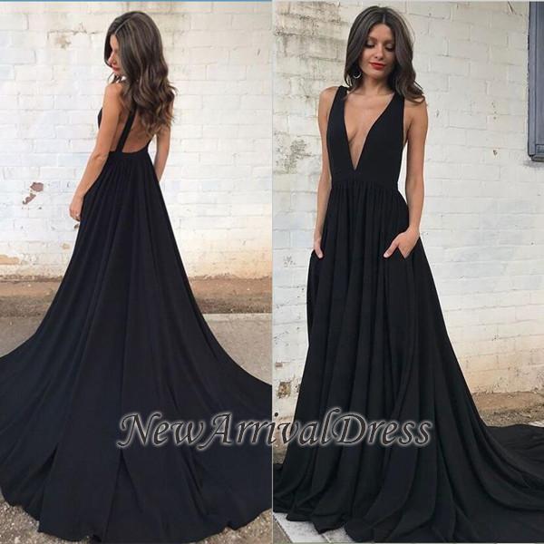 Backless Sexy Straps Black A-line Sleeveless V-neck Prom Dress-newarrivaldress