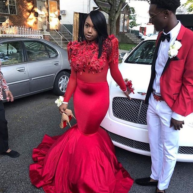Modern Flowers Long Sleeve Red Mermaid Prom Dress | Prom Dress-newarrivaldress