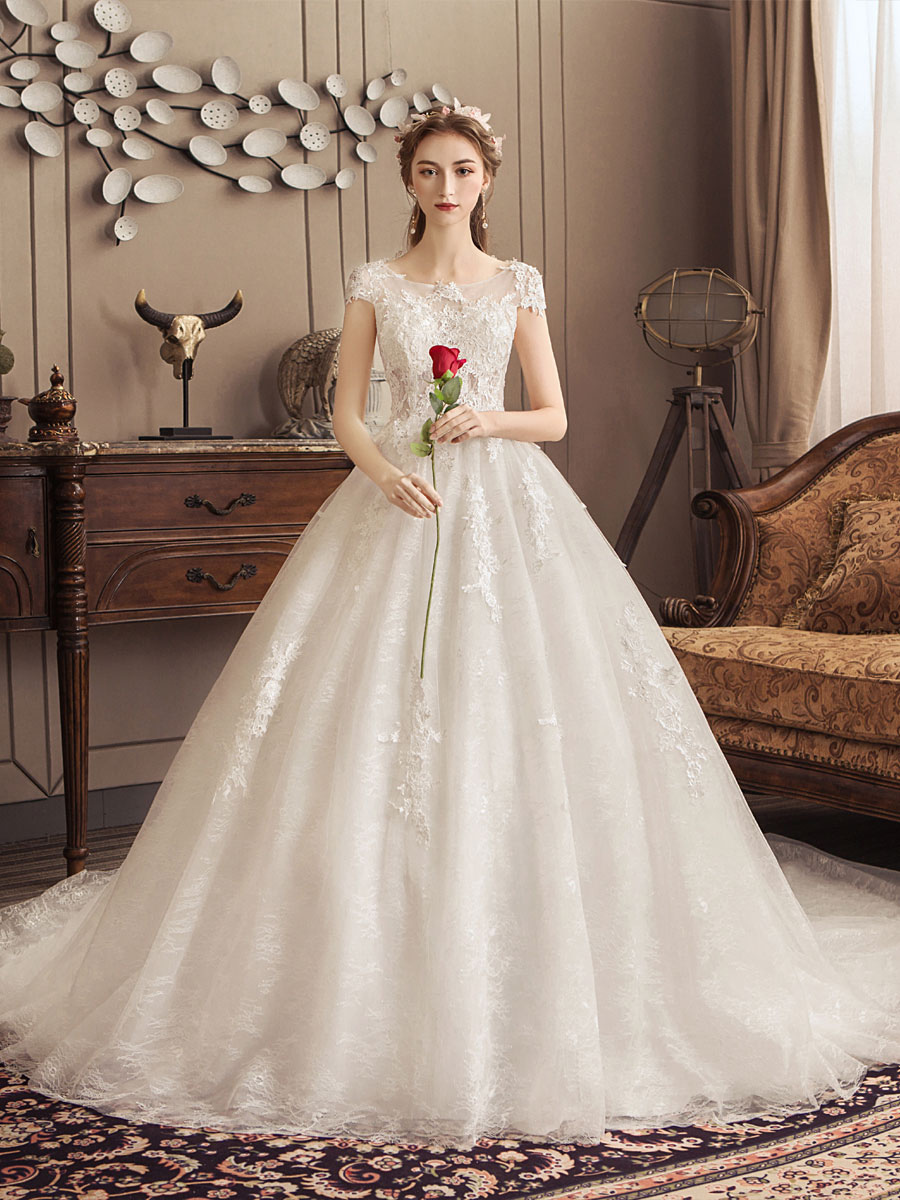 Lace Wedding Dresses Princess Bridal Gown Ivory Jewel Neck Short Sleeve Bridal Dress With Train-newarrivaldress
