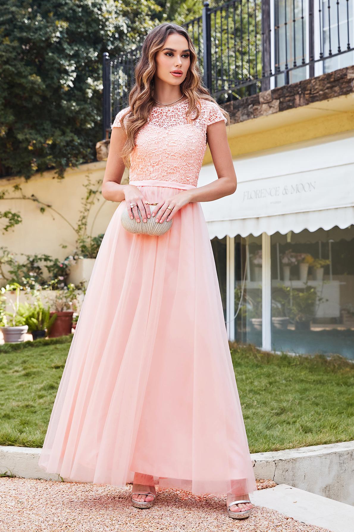 Chic Cap Sleeves Illusion Lace Aline Bridesmaid Dress Floor Length Chiffon Evening Dress-newarrivaldress