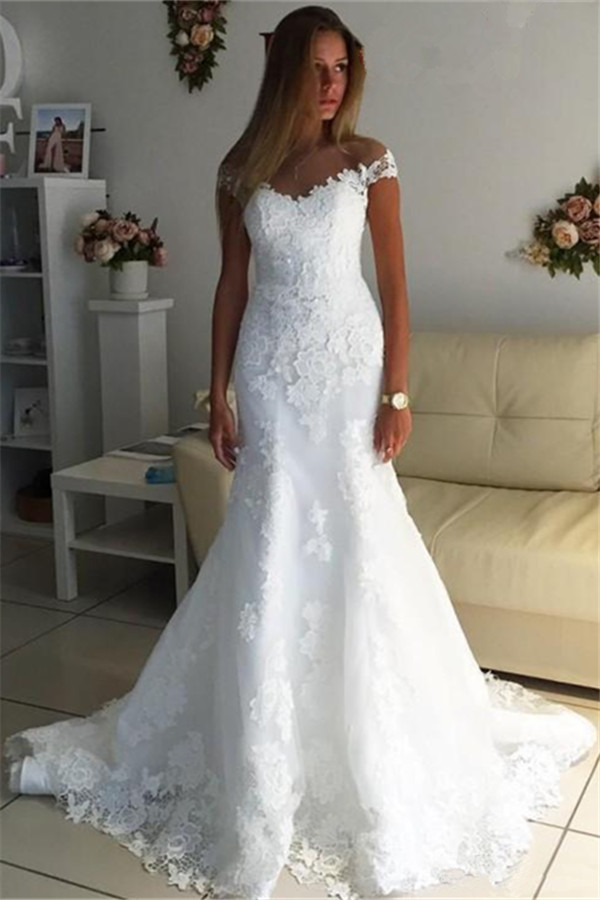 Off The Shoulder Lace Appliques Wedding Dresses | Sheath Bridal Gowns-newarrivaldress