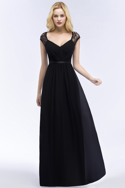 ROSALIA | A-line V-neck Floor Length Lace Chiffon Bridesmaid Dresses with Sash-newarrivaldress