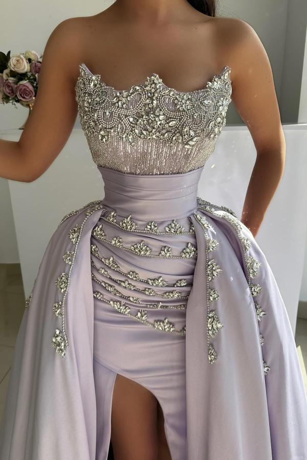 Sleeveless Lilac Satin Long Prom Gown Crystals Front Slit Evening Dress with Sweep Train-newarrivaldress