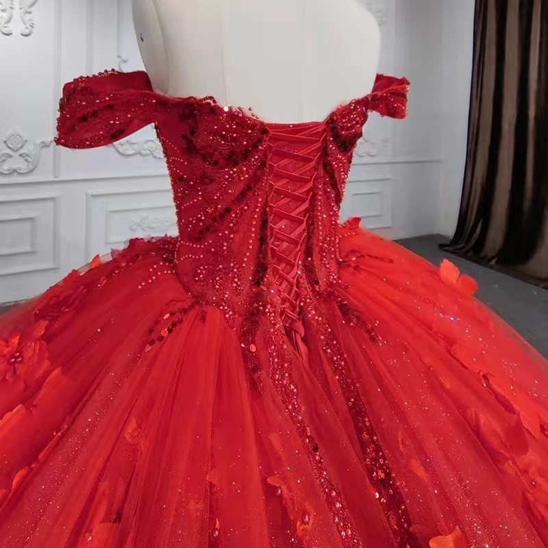 Off-the-Shoulder Red Tulle Ball Gown Quinceanera Dress Glitter Pearls With Flower Appliques-newarrivaldress