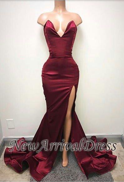 Sexy Front Split Sweep Train Evening Gowns | Sleeveless Sweetheart Prom Dresses-newarrivaldress