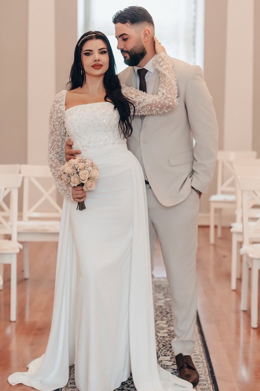 Amazing Sequined Satin Wedding Dress with Sweep Train Long Sleeves Sheath Bridal Gown-newarrivaldress