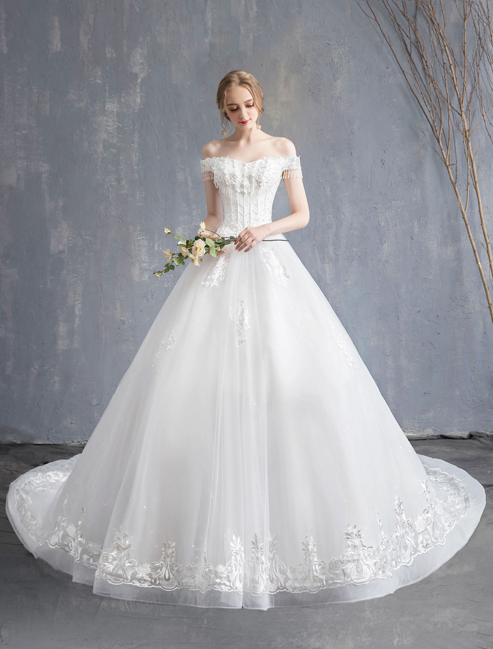 Princess Wedding Dresses Ball Gown Lace Beaded Chains Off The Shoulder Bridal Dress-newarrivaldress