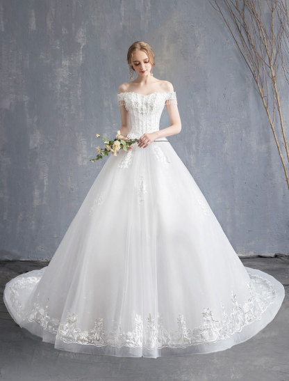 Princess Wedding Dresses Ball Gown Lace Beaded Chains Off The Shoulder Bridal Dress-newarrivaldress