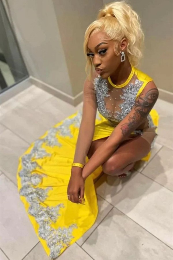 Sexy Yellow Satin Beadings Long Mermaid Prom Dress Scoop Neck Side Split with Silver Appliques-newarrivaldress