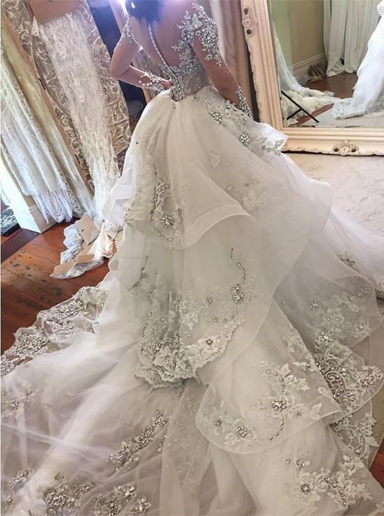 Appliques Long Sleeve Glamorous Detachable Train Tulle High-Neck Wedding Dresses Online-newarrivaldress