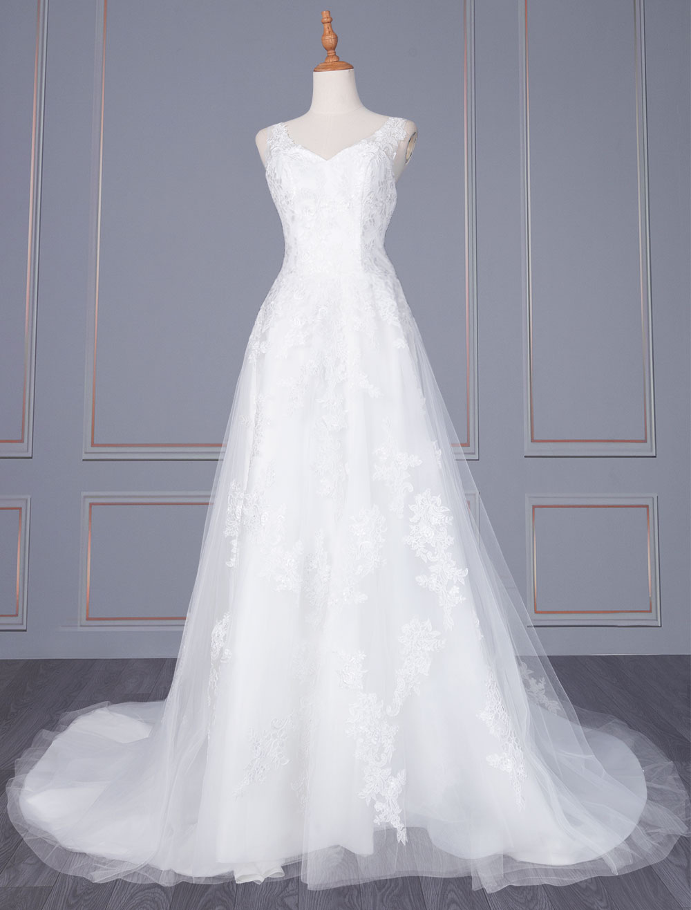 White A-line Wedding Dresses With Train Sleeveless Lace Tulle V-Neck Long Bridal Gowns-newarrivaldress