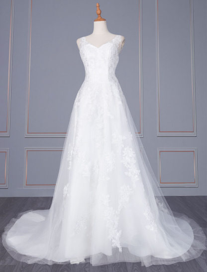 White A-line Wedding Dresses With Train Sleeveless Lace Tulle V-Neck Long Bridal Gowns-newarrivaldress